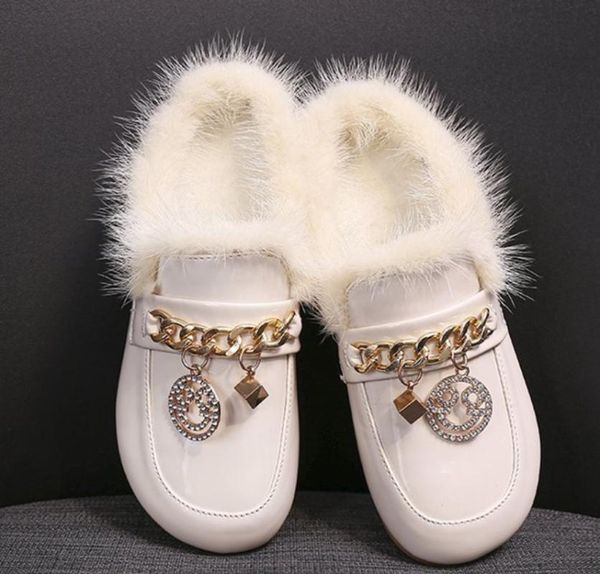 

breathable new fashion women fur leather slipper autumn winter warm flat outsied shoes, Black