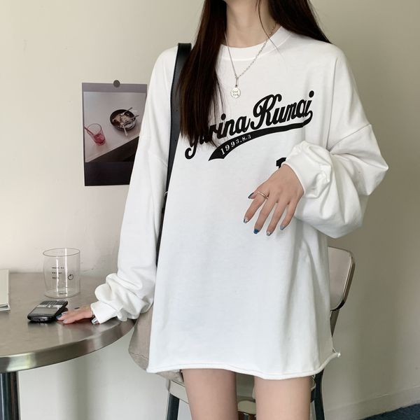 

heenjun] a1818 осень корейский стиль письма напечатаны свободно керлинг средней длины студента top свитер свитер с длинным рукавом верхней, Black