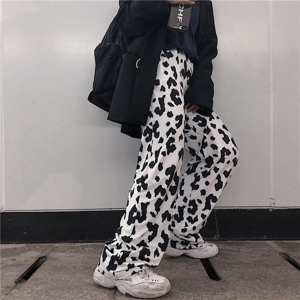 

women's pants & capris women elastic high waist milk cow print wide leg korean straight casual trousers femme summer loose streetwear, Black;white