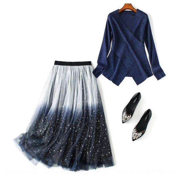 

european fashion suit women's 2019 autumn irregular gradient color mesh skirt knitwear knitwear two-piece set z526 klwry, Gray