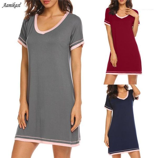 

short sleeve summer loose casual sleepshirts famale comfortable clothes womens contrast color nightgowns crew neck, Black;red
