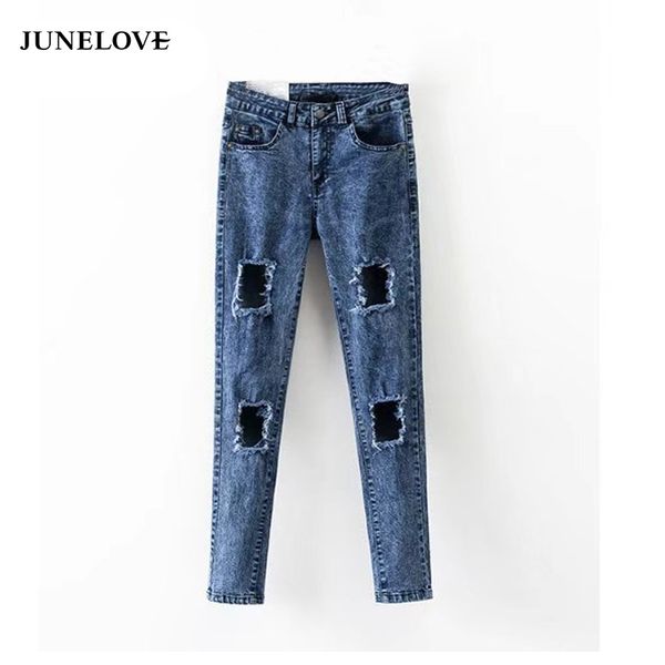 

junelove 2020 spring women casual solid jeans high waist female straight pants zipper ladies hole full length jeans, Blue