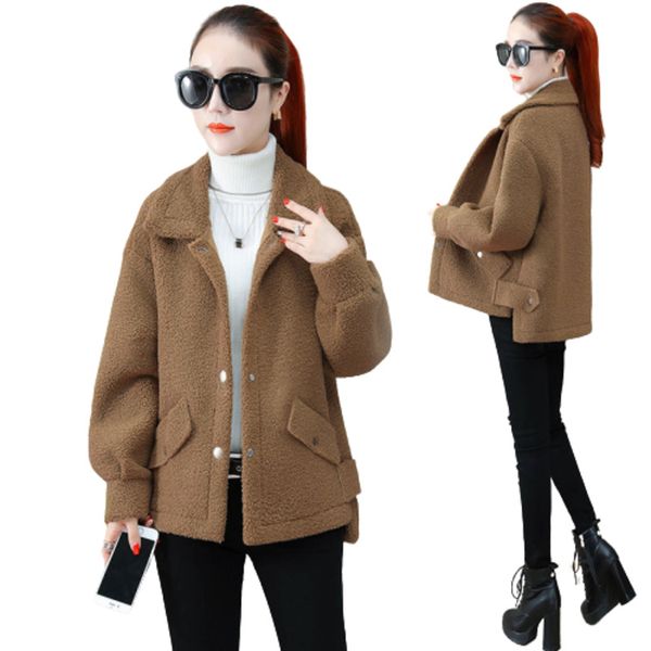 

lamb short coat women 2020 new autumn winter loose basic jacket plus size streetwear windbreaker fashion coats jackets outerwear, Black;brown