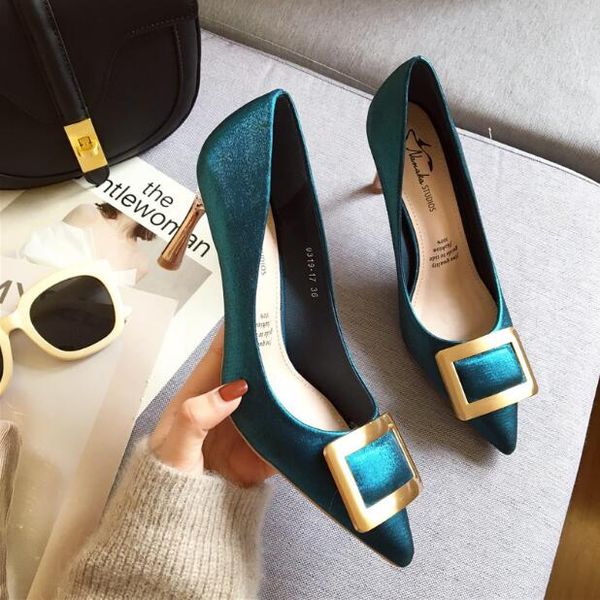 

designer women luxury pumps shoes t stage show spool heels high heels 7cm square buckle pointed toes dress shoes mid heeled, Black