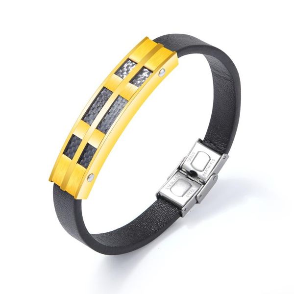 

sleek minimalist black leather bracelet men's gold/rose gold/black stainless steel bracelet jewelry gift 3-ph1289