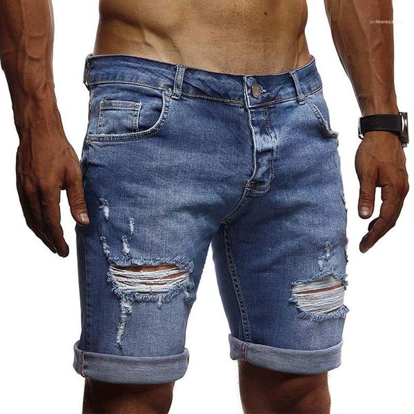 

summer designer knee length holes street style jeans solid color ripped males jeans casual short mens light washed denim shorts, Blue