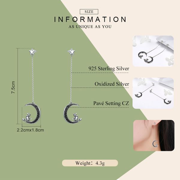 

bamoer real 925 sterling silver волшебное ведьма в moon star black cz длинные серьги падения для женщин ювелирные изделия стерлингового сере