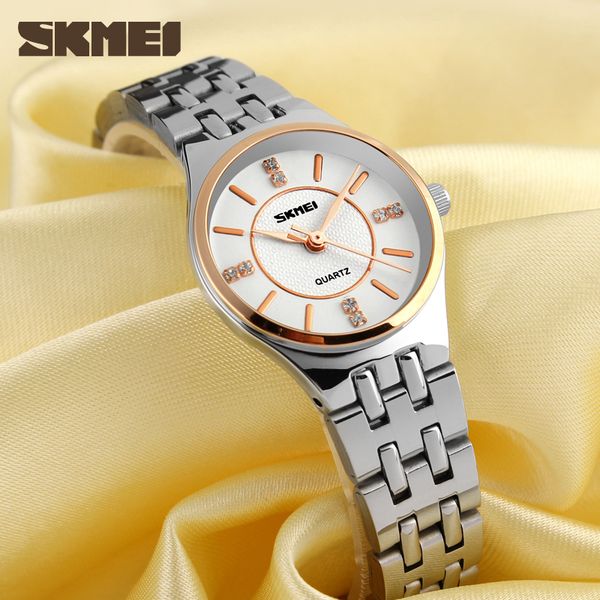 

skmei women's quartz watches waterproof luxury crystal scale 304 stainless steel elegant small dial female wristwatch montre, Slivery;brown