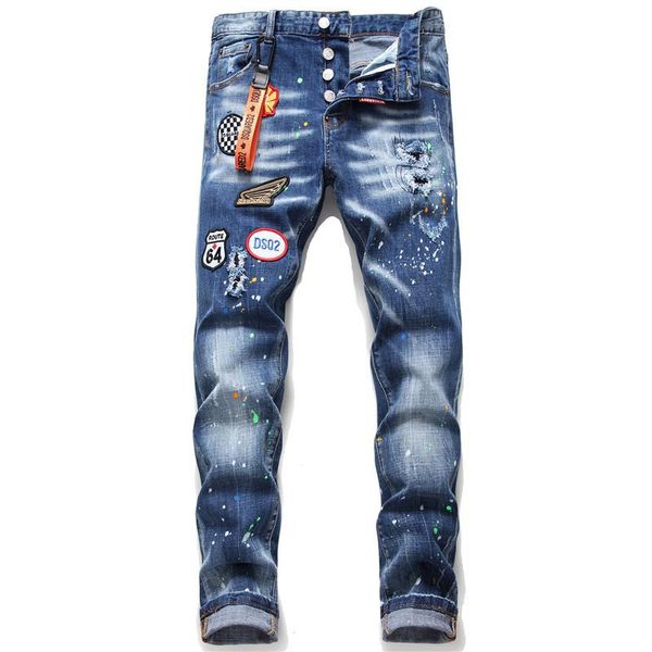 

2020 luxury men's badges slim elastic embroidered jeans skinny washed wear motorcycle denim pants hip hop bike pants, Blue