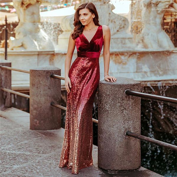 

banquet dress famale designer clothing womens long slim sequin dress v neck sleeveless stitching waist, Black;gray