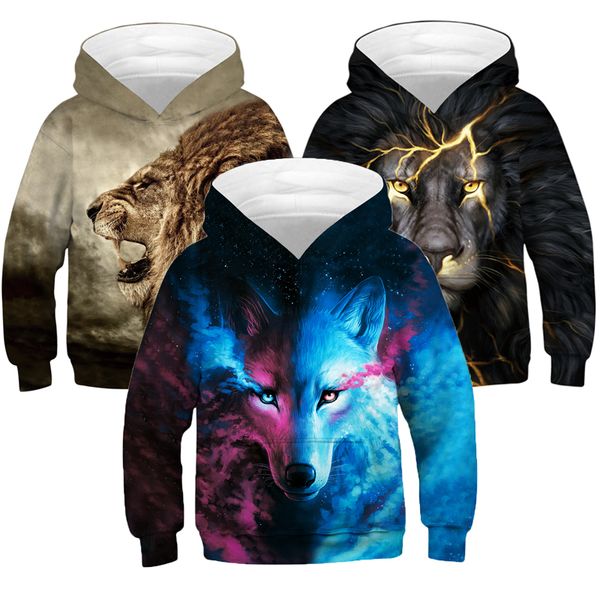 

large size boys jacket 3d digital printing lion and wolf casual boys sweater hooded loose sweatshirt 5-14 year kids clothes, Blue;gray