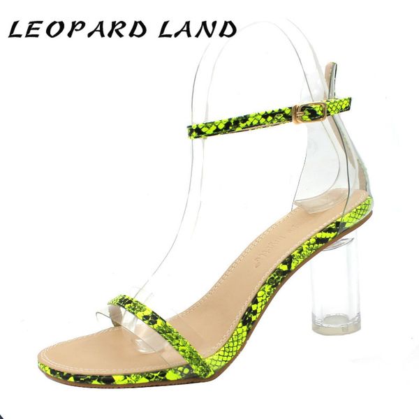

leopard landtransparent a- line sandals women's 2020 summer crystal chunky heel color matching open toe high heels tws-531-6, Black