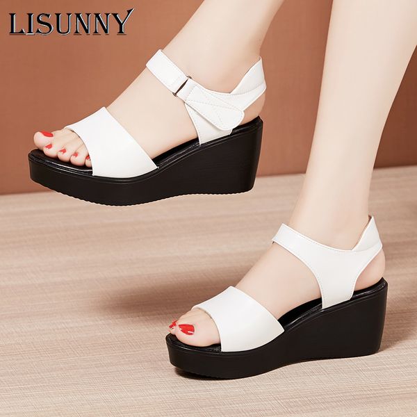 

lisunny wedges shoes women 2020 summer medium heel platform sandals comfortable leather shoes ladies sandals big size 33-43, Black