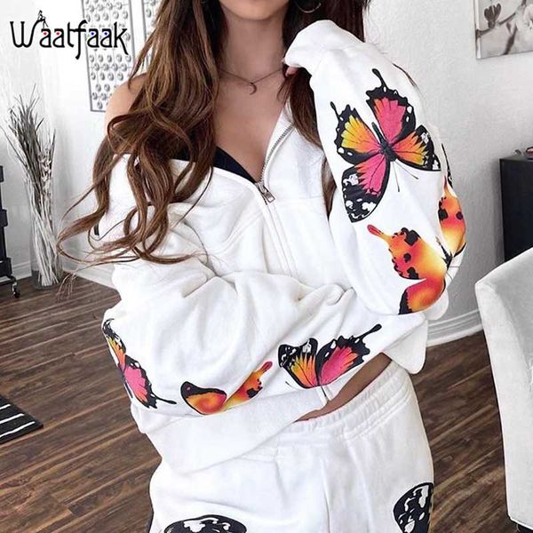 

waatfaak butterfly white woman jacket autumn casual hoodies oversize animal print coat harajuku bomber jackets long sleeve, Black;brown