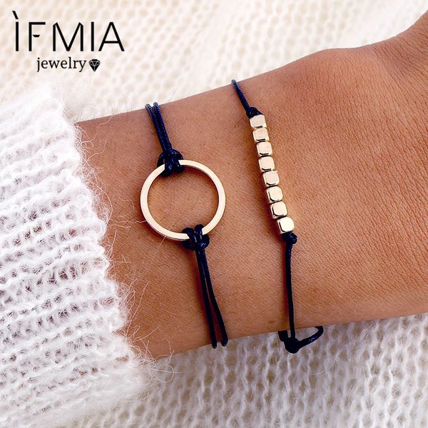 

fashion 2 pcs/set bohemian bracelet simple circle beaded black woven bracelet set for women's party jewelry accessories, Golden;silver