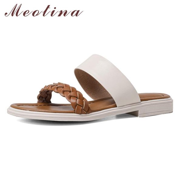 

meotina natural genuine leather flat slippers women shoes mixed colors slides female summer causal sandals ladies large size 40, Black