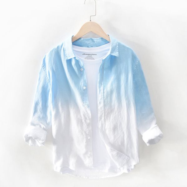 

hoho 2020 men's dyed gradient linen long-sleeved shirt youth fashion lapel breathable shirt, White;black