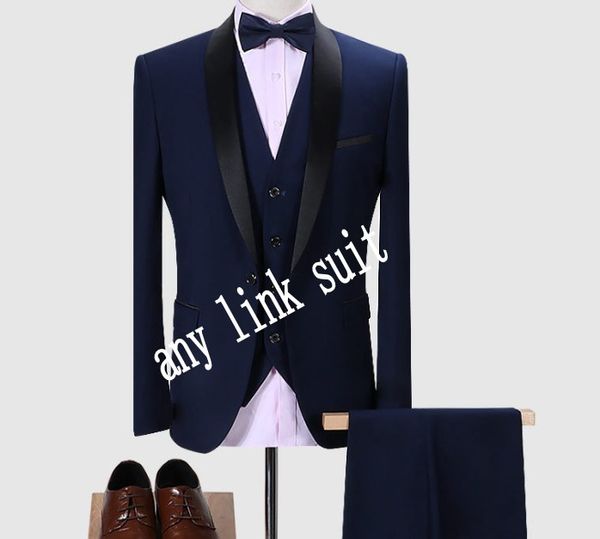 Высокое качество One Кнопка Navy Blue Groom Tuxedos Shawle Отворотный Groomsmen Мужские Костюмы Свадьба / Пром / Ужин Blazer (Куртка + Брюки + Жилет + галстук) K527