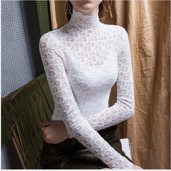 

Design Style Women's Autumn Winter Undershirt Web Celebrity Same Style luxury High Collar Temperament Lace Sexy Micro Through Long Slee