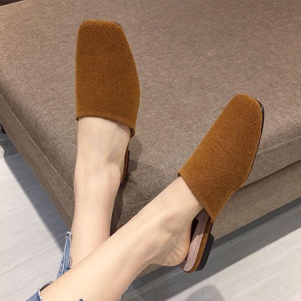 

slippers 2021 flats women summer ladies square toe casual sandals fashion silk mules female elegant woman slides shoes, Black