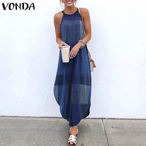 

women dress summer sundress vintage sleeveless patchwork plaid party maxi long dress vonda 2020 beach vestidos 5xl robe, Black;gray
