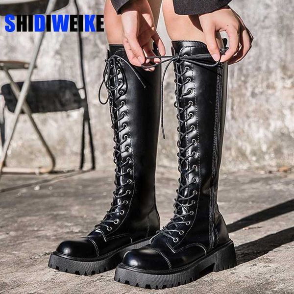 

women combat boots antumn 2020 female high platform gothic shoes black leather boots lace up women knee high ac212