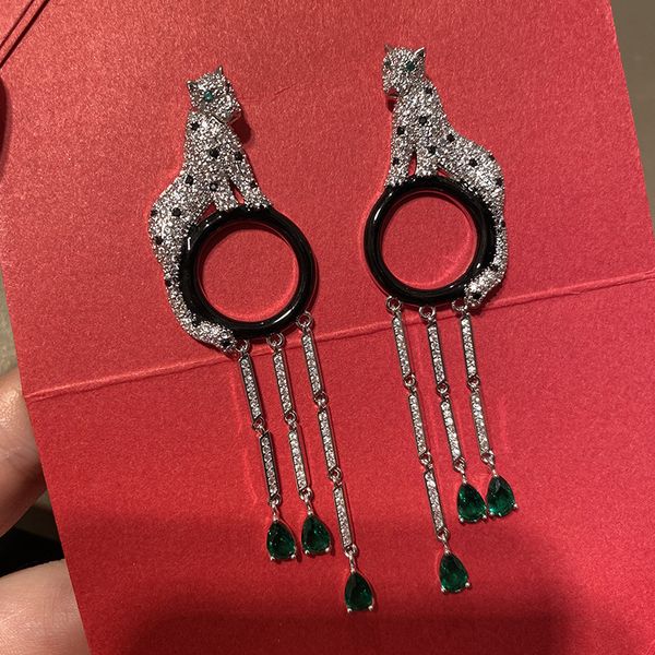 

women leopard earrings white gold plated full cz leopard long tassels earrings for girls women for party wedding, Golden;silver