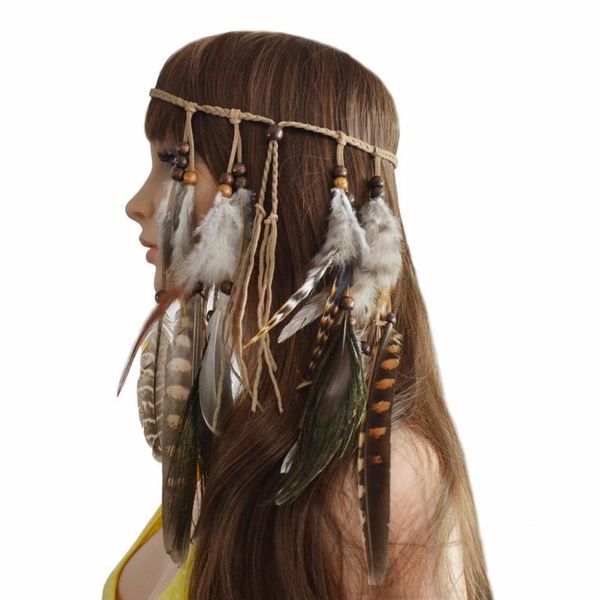 Турецкий Bohemian перо руководитель фестиваля ободки Headdress Rope Tribal волос Хиппи партии заставки Хэллоуин ювелирные изделия