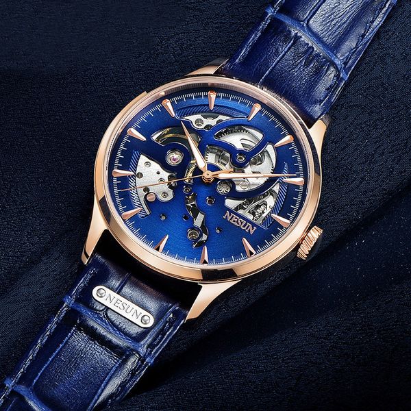 

wristwatches nesun skeleton watch mechanical-watch switzerland automatic self-wind montre homme men's watches for drop, Slivery;brown