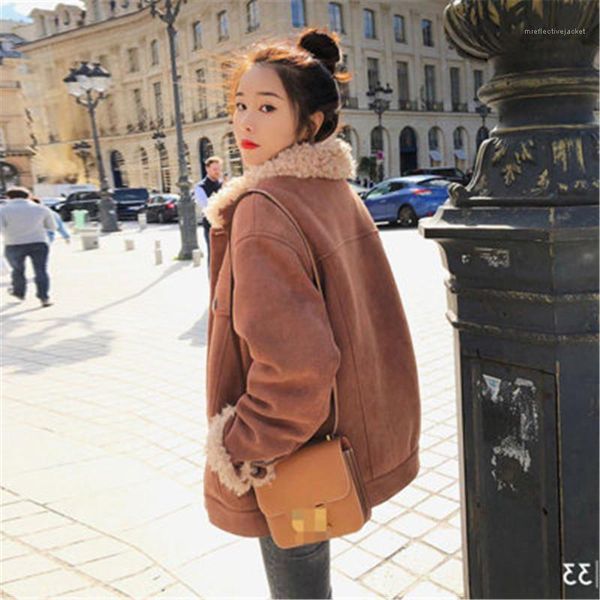 

trend long sleeve casual plush collar coat winter designer female loose keep warm short outerwear ladies lamb plush thickened jacket fashion, Black;brown