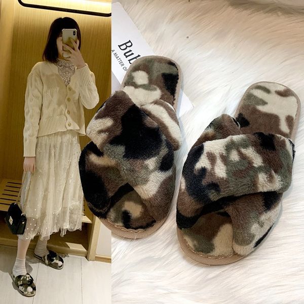 

autumn winter women style slippers women's home non-slip flat floor slippers cross open toe camouflage soft comfortable slipper, Black