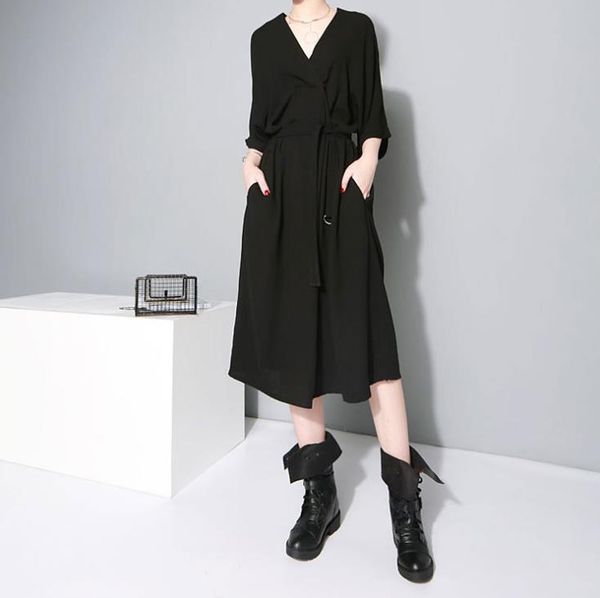 

2020 loose summer dress oversize v-neck short sleeve casual midi dress vestidos sundress, Black;gray