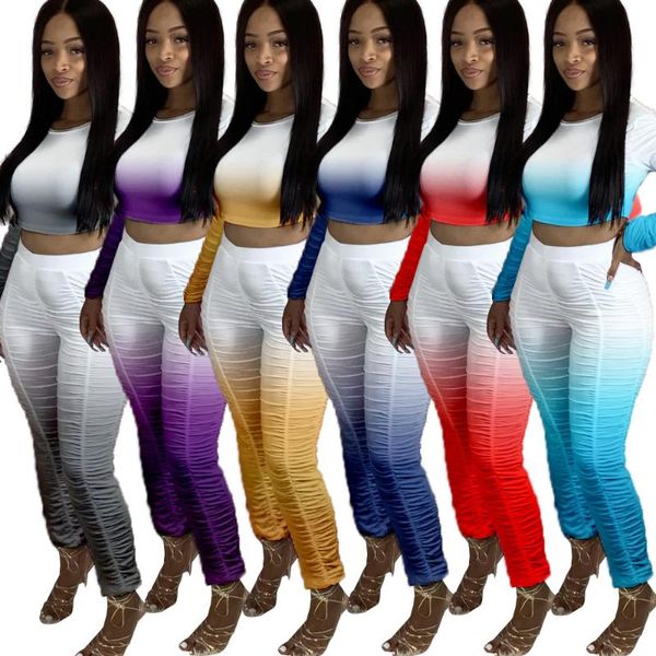 

women's tracksuits fashion est gradient ramp pleated women casual sets o-neck long sleeve crop +high waist pencil pants autumn, Gray