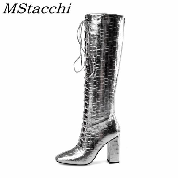 

mstacchi big size 33-43 crocodile print patent leather women high heel boots cross-tied fashion ladies shoes botas de mujer, Black