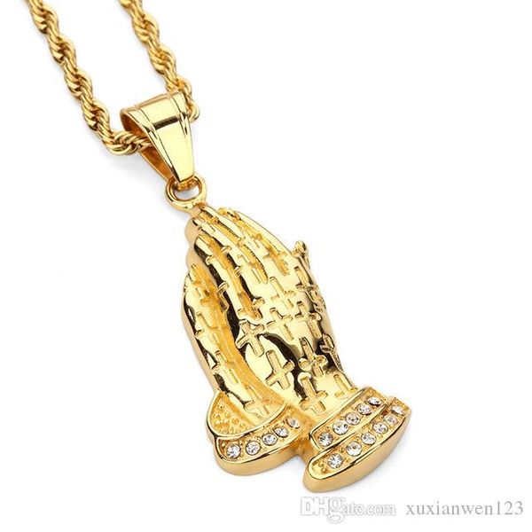 

hands pendant necklace stainless steel gold plated religous jewelry iced out prayer jesus hand women men gift, Silver