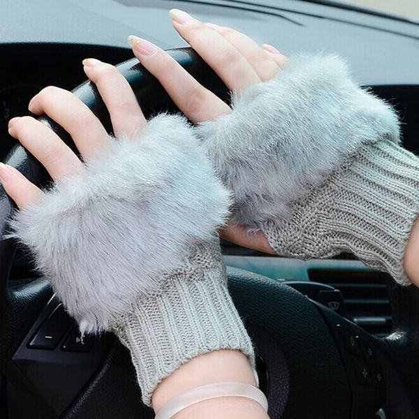 

women fingerless gloves cute faux fur knitted gloves female winter knitting warmer wrist hand mitten 7c0711, Blue;gray