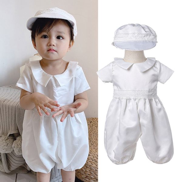 

baby boy clothes white baptism baby romper set with hat turn down collar newborn first christening boy birthday clothing 3-12m