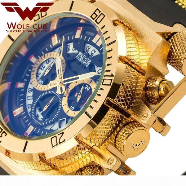 

wolf-cub original creative golden men quartz wristwatches 3d dial design full steel calendar waterproof big watches chronograph, Slivery;brown