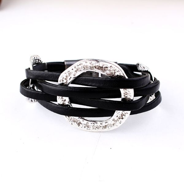 

charm bracelets doreenbeads fashion bracelet black red colorful irregular handmade leather rope retro circle woven buckle bracelet,1 pc, Golden;silver