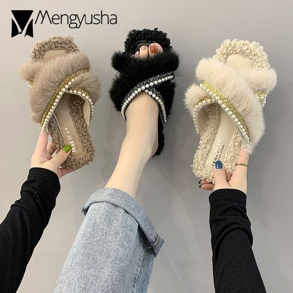 

2020 winter wool fur slippers women designer pearl decoration cross band furry slides gold/silver glitter plush flip flops women, Black