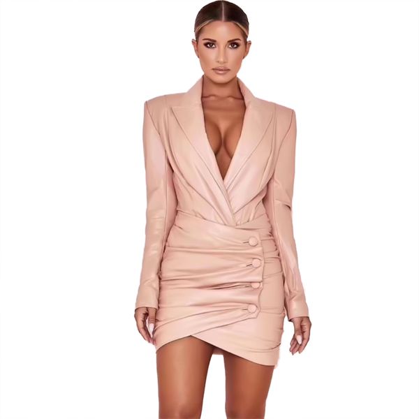 

sexy PU leather dress sexy deep V long sleeve bottoming dress short paragraph package hip slim professional OL