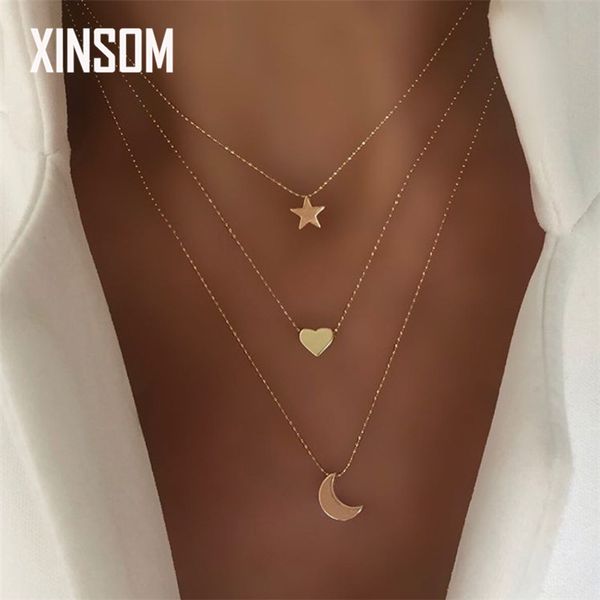 

xinsom moon star сердце ожерелье для женщин multilayers цвета золота заявление ожерелья ювелирных изделий способа девушки подарок 20xs813, Silver
