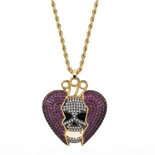 

14k iced out skull skeleton purple heart juice wrld pendant bling necklace micro pave cubic zircon pendant fashion jewelry, Silver