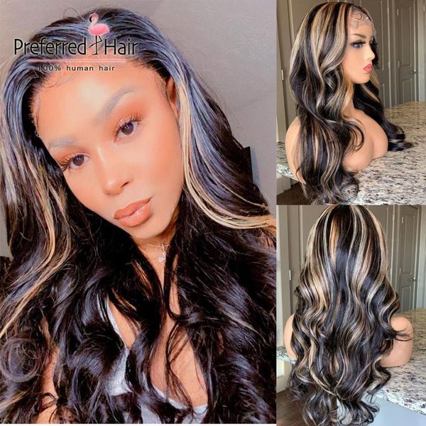 

preferred piano highlight wig ombre lace front human hair wigs pre plucked remy transparent lace wigs for women for women, Black;brown