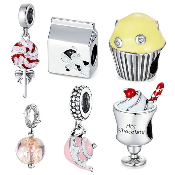 

inbeaut 100% real 925 sterling silver summer dessert beads fit bracelet cute cream cake charms diy bangles making, Blue;slivery