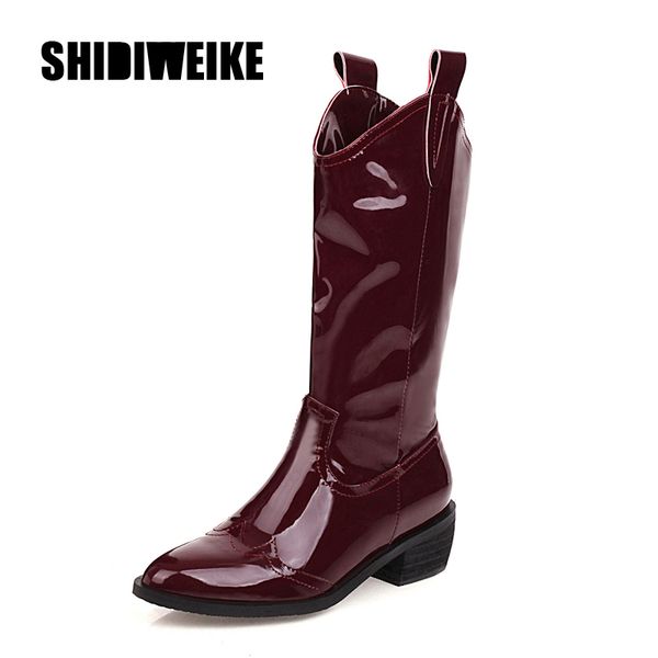 

2020 black yellow red wine patent leather cowboy mid-calf boots for women wedge high heel boots western v181