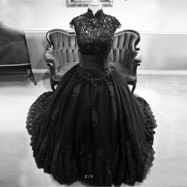 

high neck cap sleeve black wedding dresses lace appliques sequins ball gown wedding dresses zipper up back gothic wedding dresses, White