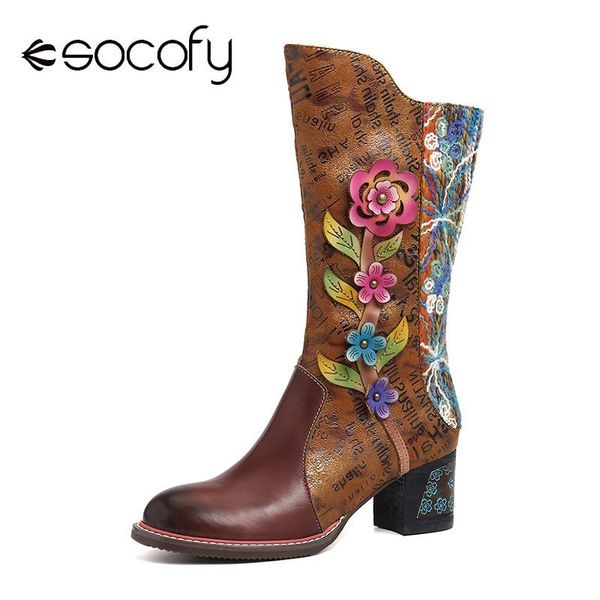 

socofy ретро сапоги покрашены слова pattern botas mujer натуральной кожа сращивание браун низкий каблук высокие сапоги элегантные зимы женщи, Black