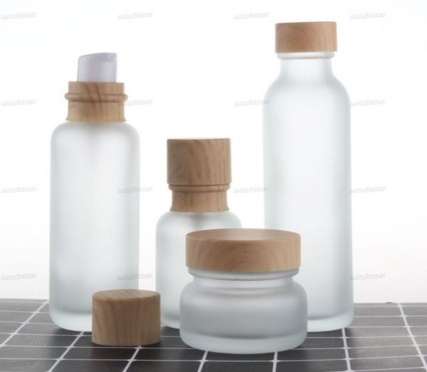 

frosted glass jar lotion cream bottles round cosmetic jars hand face lotion pump bottle with wood grain cap