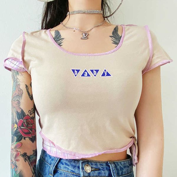 

european and american style 2020 summer new products fashion print bandage stitching cropped t-shirt women, White